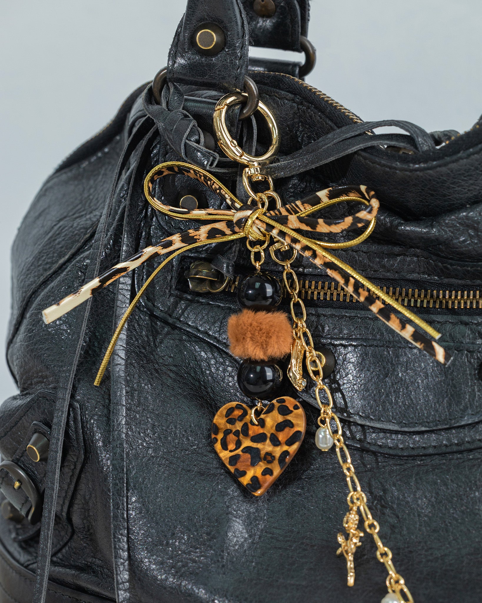 Leopard Heart Bow Pom Bag Charm